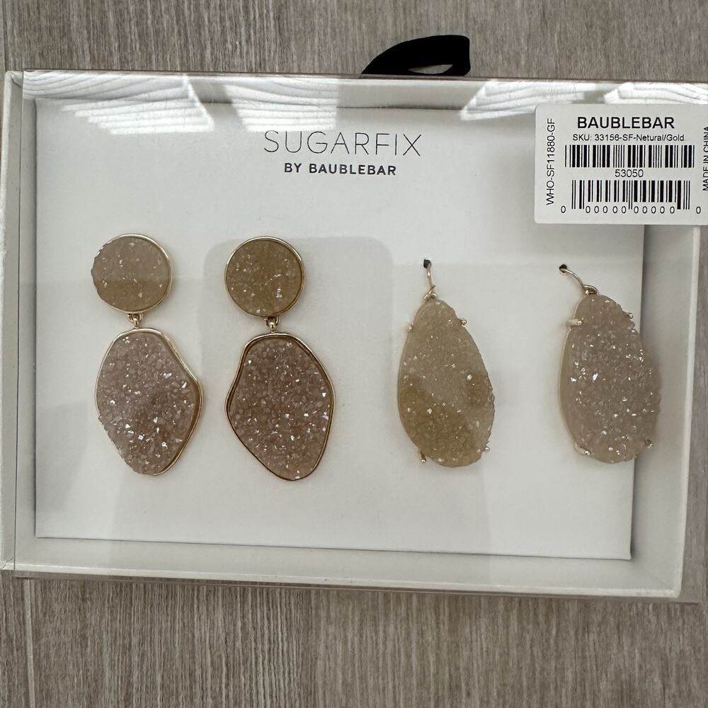 SUGARFIX by BaubleBar Druzy Drop Earring Set in the Natural/Gold Set Of 2 New